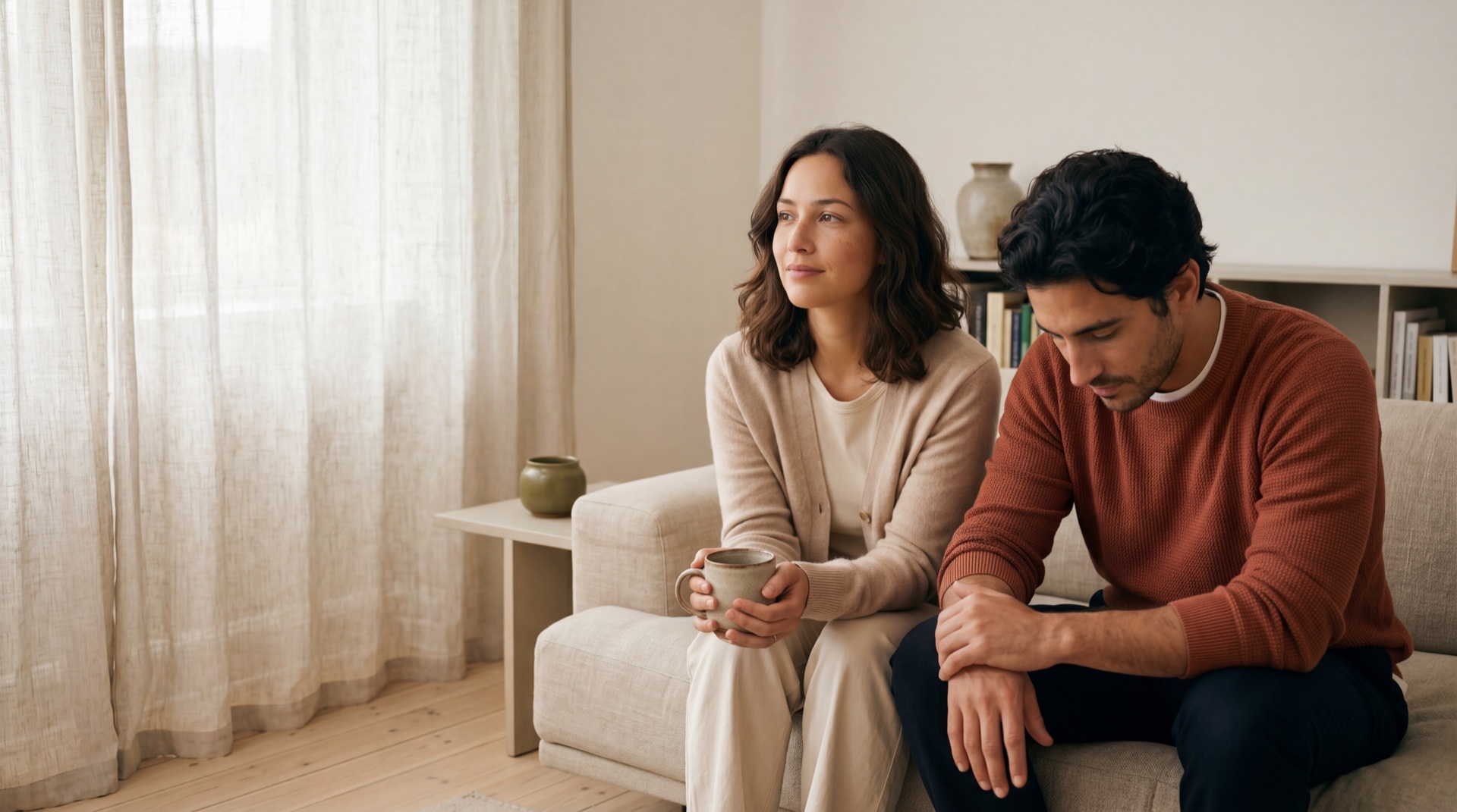 Ines Larsen and Mateo Costa on the sofa of their Copenhagen flat in late afternoon — Ines holding a coffee mug, looking off to the window; Mateo beside her, head down, planning her birthday on his phone.