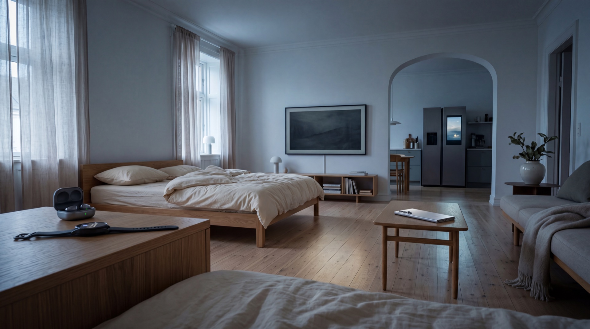 Five Galaxy surfaces — Watch, EarBuds, Phone, TV, Kitchen Display — quietly lit before sunrise in a Copenhagen apartment, the bed empty