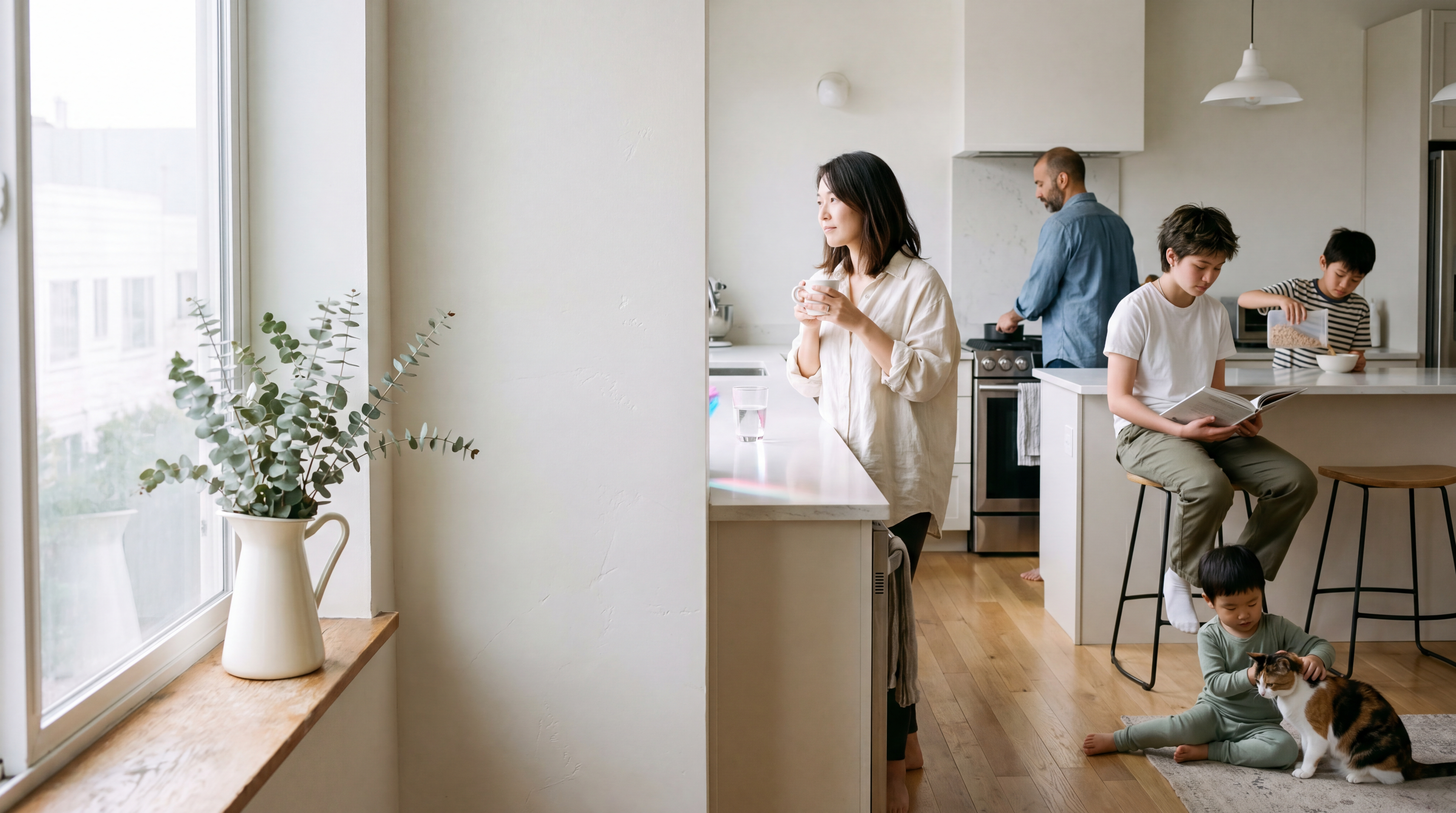 The Yamashiro family of San Francisco — Mai, Kiran, Aoi, Sota, and Leo — in their kitchen on a Sunday morning, soft light through the window, no one looking at the camera.